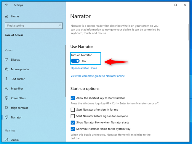 The Turn on Narrator switch in Windows 10