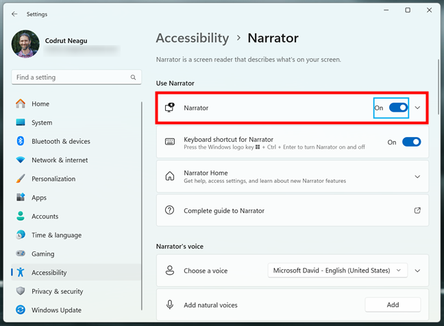 The Narrator switch in Windows 11's Settings