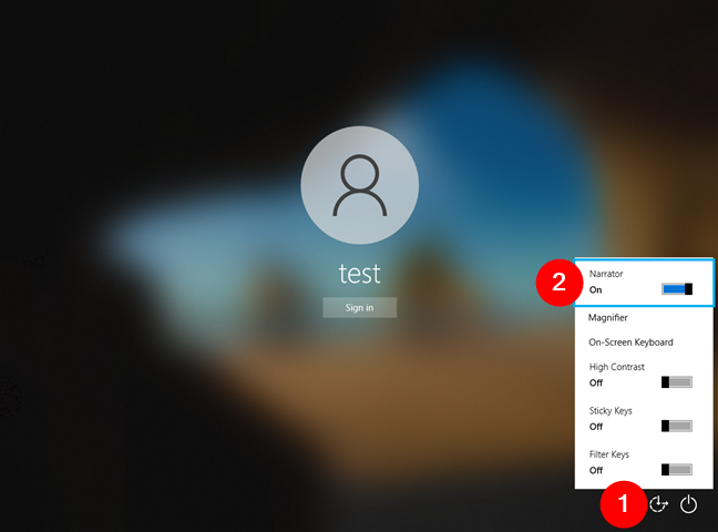 The Narrator switch on the Windows 10 sign-in screen