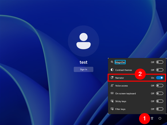The Narrator switch on the Windows 11 sign-in screen