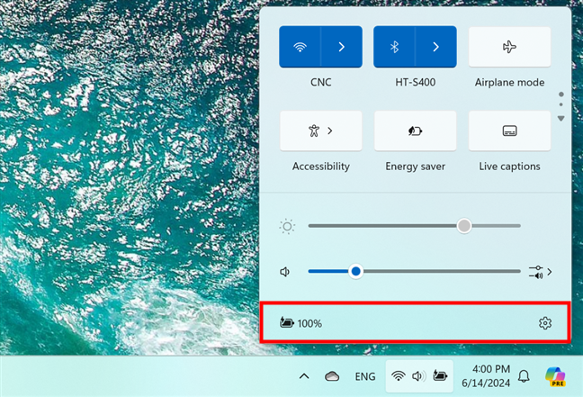 The Power & battery and Settings shortcuts in the Quick Settings