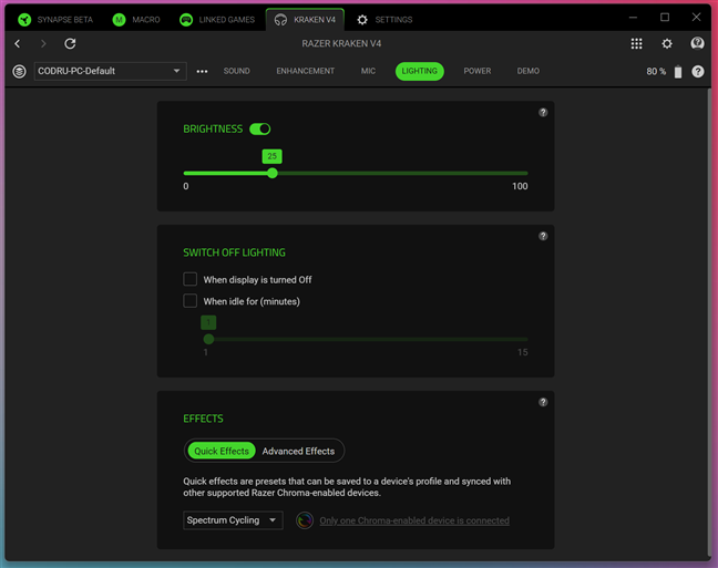 RGB Lighting settings for the Razer Kraken V4