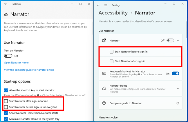 Set Narrator to start before or after sign-in