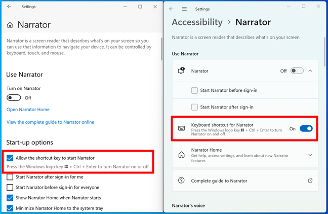 Keyboard shortcut for Narrator