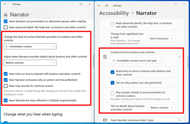 Narrator settings for the context level for buttons and controls