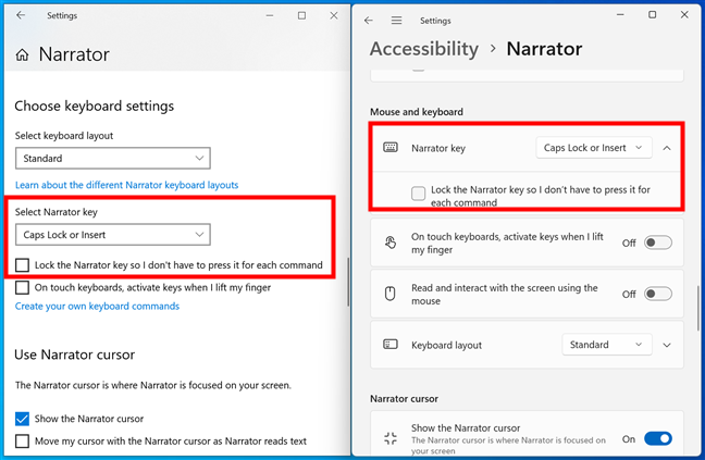 Select the Narrator key and whether it automatically locks