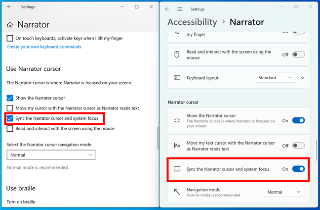 Sync the Narrator cursor and system focus