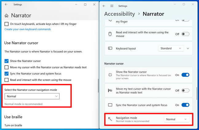 Select the Narrator cursor navigation mode