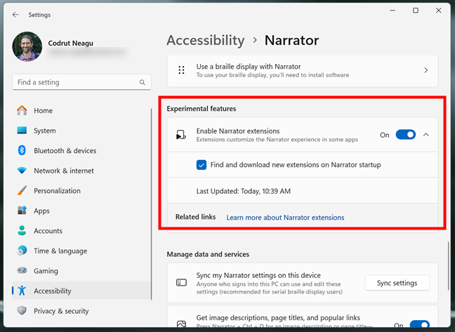 Narrator supports extensions in Windows 11