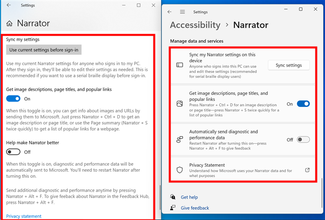 Data and services options for the Narrator