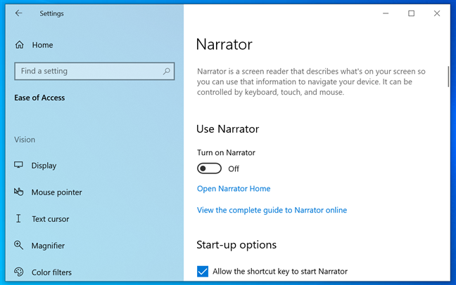 The Narrator Settings in Windows 10