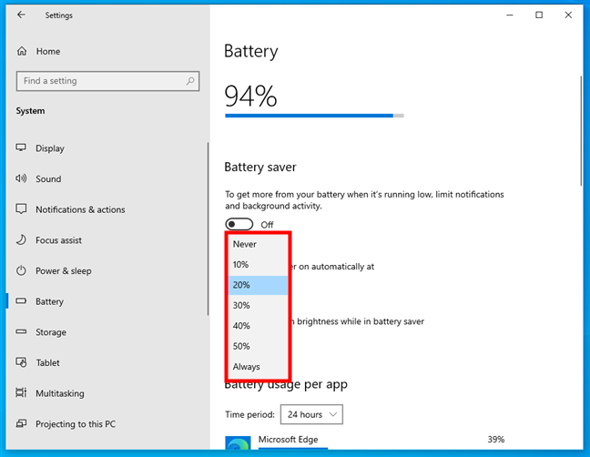 Configuring when to automatically turn on the battery saver