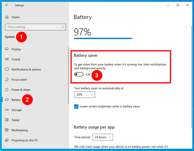 Turn off battery saver in Windows 10's Settings