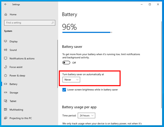 Never turn on the battery saver automatically in Windows 10