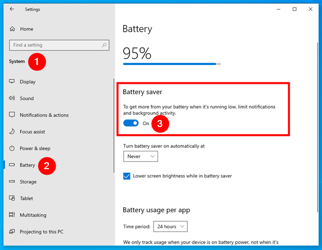 Turning on the battery saver in Windows 10