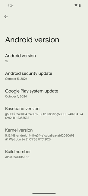 The Android version screen offers a lot more information