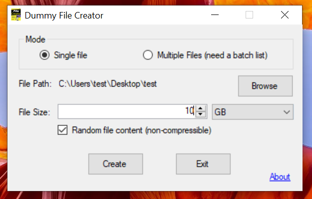 Customize your dummy file(s) and press Create