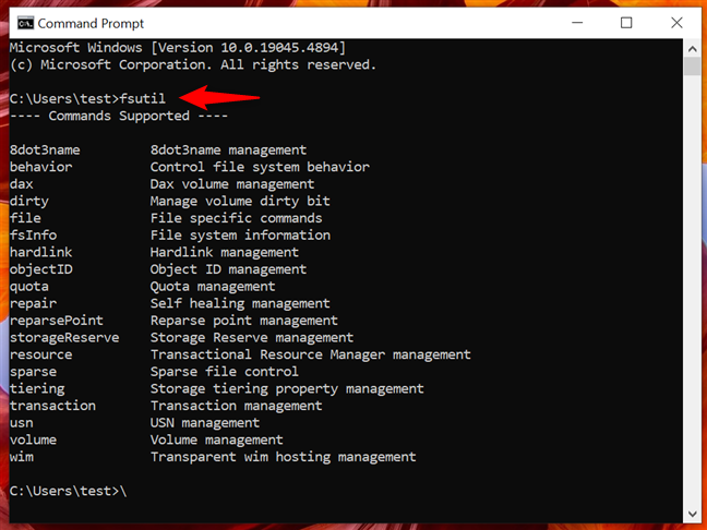 The list of commands supported by fsutil