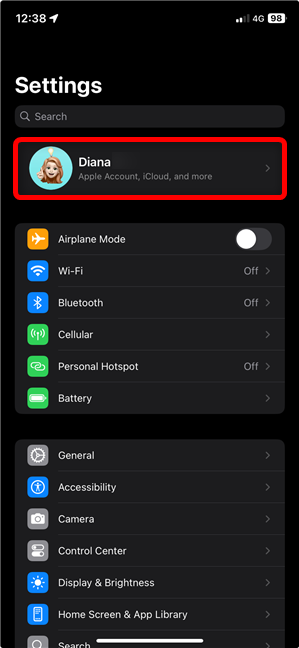 The Apple Account entry in an iPhone's Settings