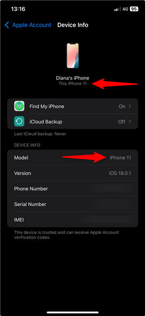 The iPhone model is shown twice on the Device Info screen