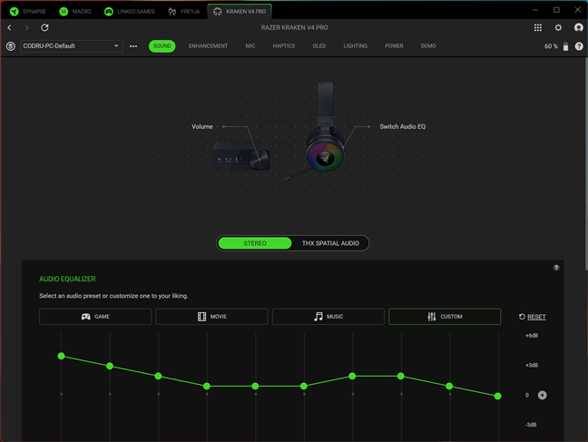 Sound options available in Razer Synapse