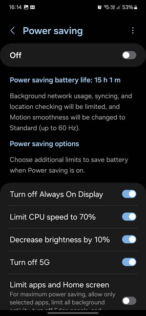 Enable the Power saving options you want