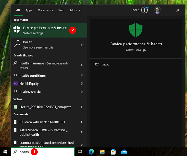 Search for health in Windows 10