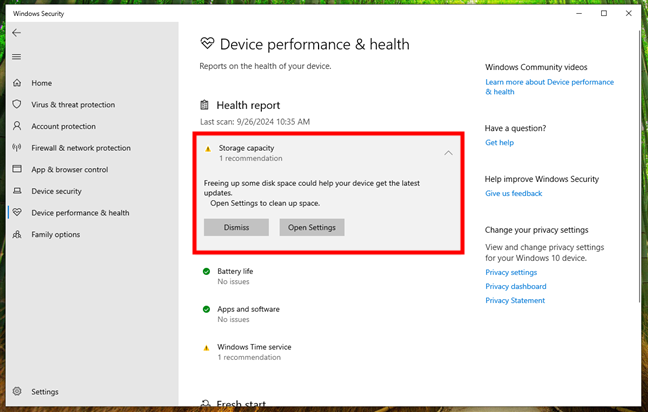 Storage capacity problems in Windows 10