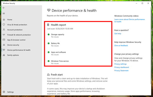 The Windows 10 Health report on a laptop that is working well