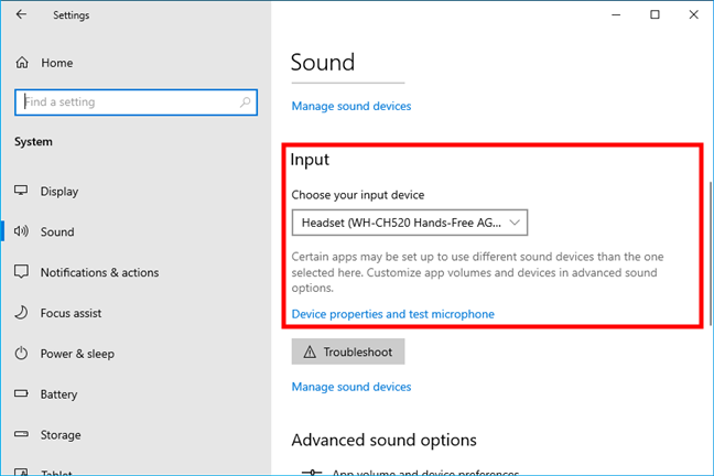 The microphone settings in Windows 10