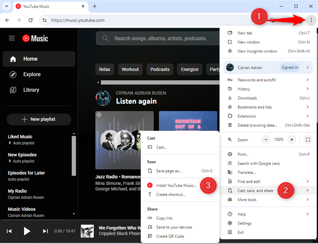 Install YouTube Music from Google Chrome