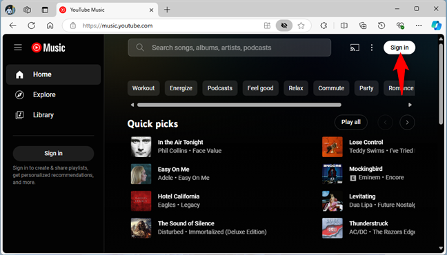 Sign in to the YouTube Music website in Microsoft Edge