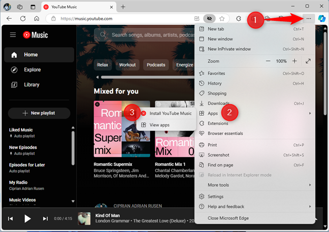 Install YouTube Music from Microsoft Edge