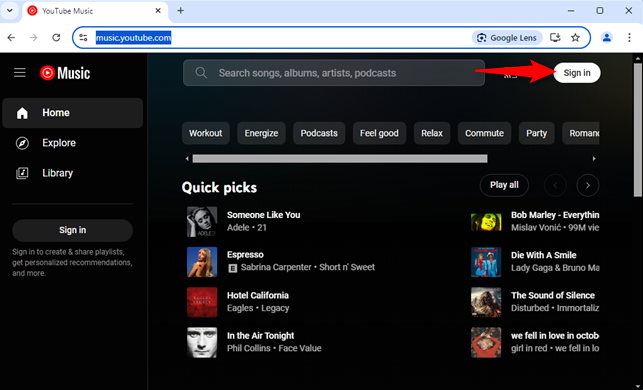 Sign in to the YouTube Music website in Google Chrome