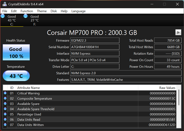 SSD details shown by CrystalDiskInfo