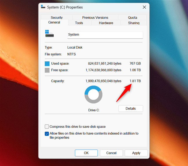 The SSD's Capacity in Windows 11