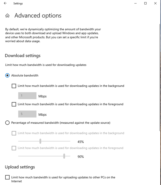 Set the bandwidth limits for Delivery Optimization in Windows 10