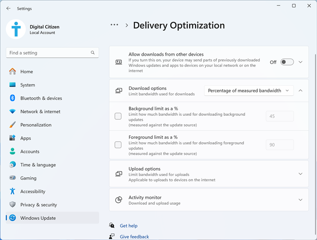 Set the download bandwidth limits for Delivery Optimization in Windows 11