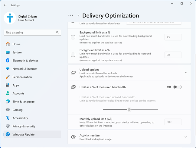 Setting the upload options for Delivery Optimization