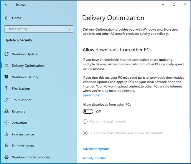 Delivery Optimization turned off in Windows 10