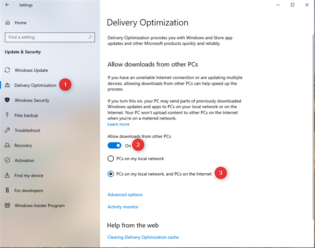 Turning on Delivery Optimization in Windows 10