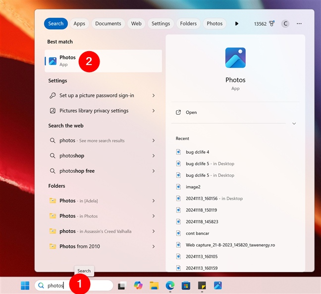 Search and open the Photos app in Windows 11