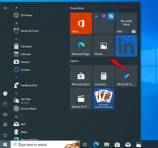 Click or tap the Photos tile in the Windows 10 Start Menu to open the app