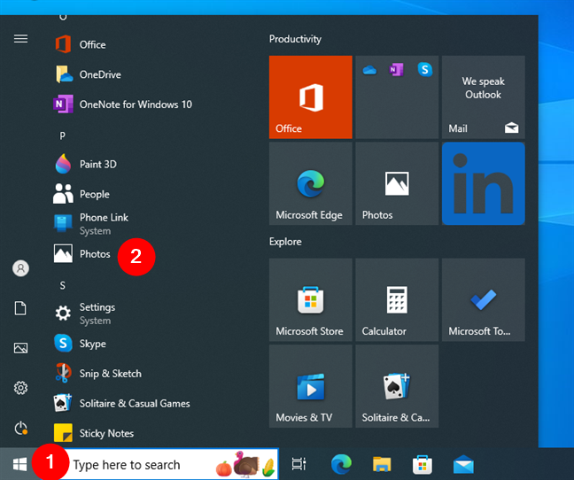 The Photos shortcut from the Start Menu All apps list in Windows 10