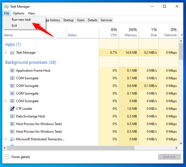 Click or tap Run new task in Windows 10's Task Manager File menu