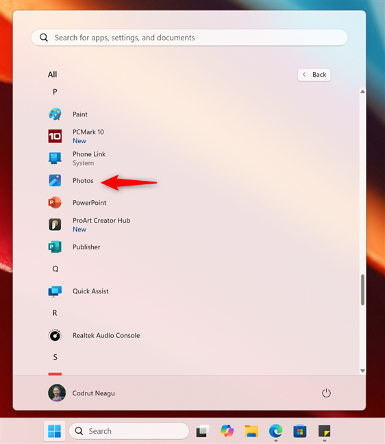 The Photos shortcut from the Start Menu All list in Windows 11