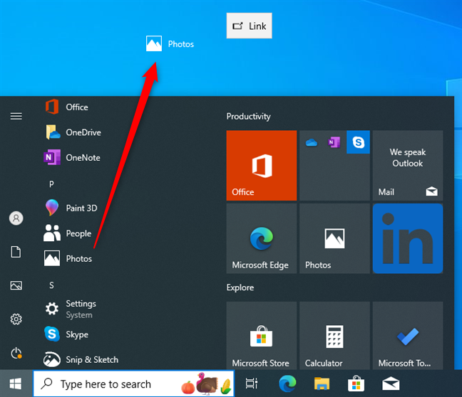 How to create a Photos shortcut on the Windows 10 desktop