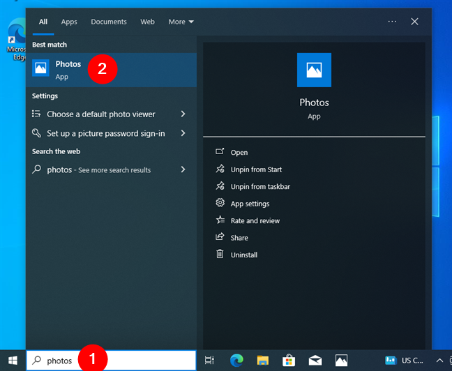 Search and open the Photos app in Windows 10