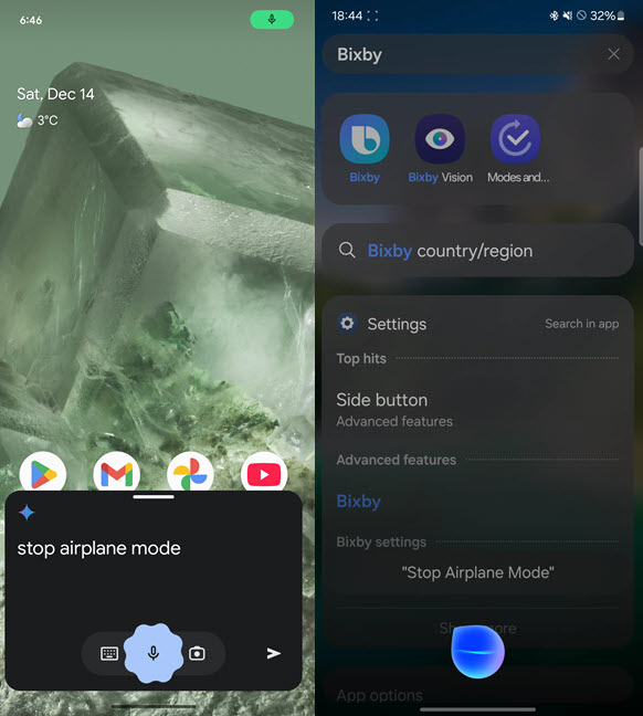 Ask Gemini or Bixby to stop Airplane mode
