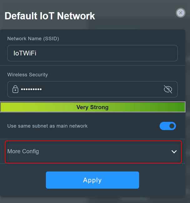 Set up the network name and password, and click or tap More Config